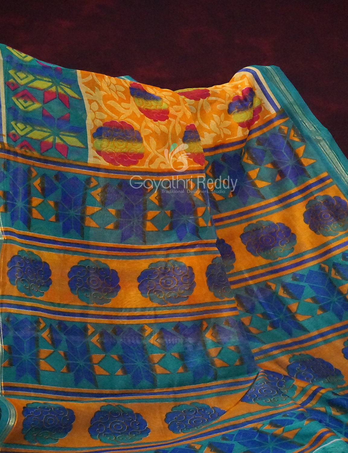 Shades of Yellow With Sea Blue Blouse Printed Semi Chanderi Saree By Gayathri Reddy Designer Studio