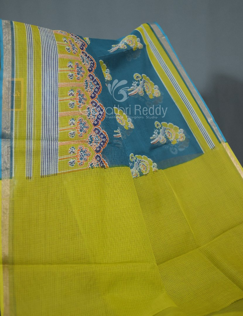 Shades of Peacock Blue With Block Design Pure Kota Cotton Saree By Gayathri Reddy Designer Studio