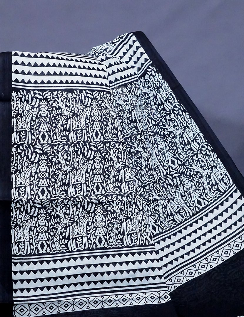 White And Black Combo Block Print Pure Mulmul Cotton Saree By Gayathri Reddy Designer Studio