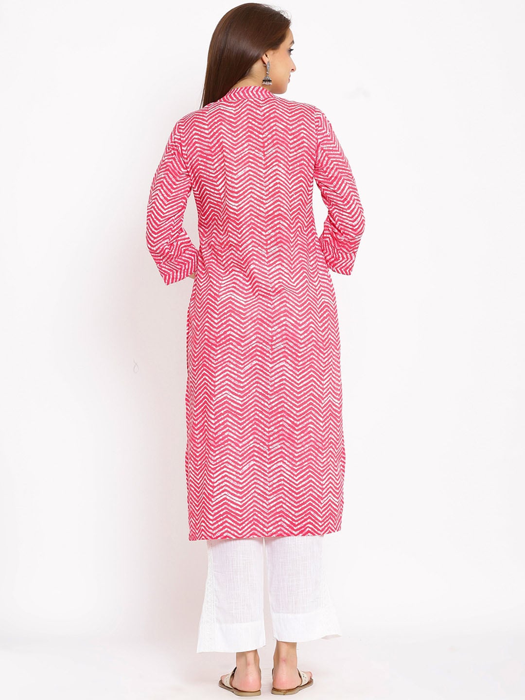 HERE&NOW Pink Chevron Printed Regular Kurta with Trousers