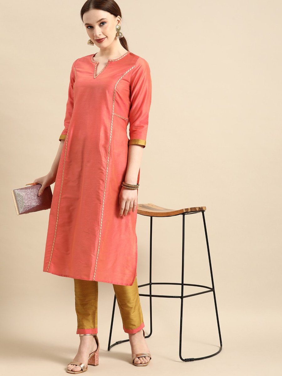 All About You Women Peach-Coloured Embroidered Kurta with Trousers