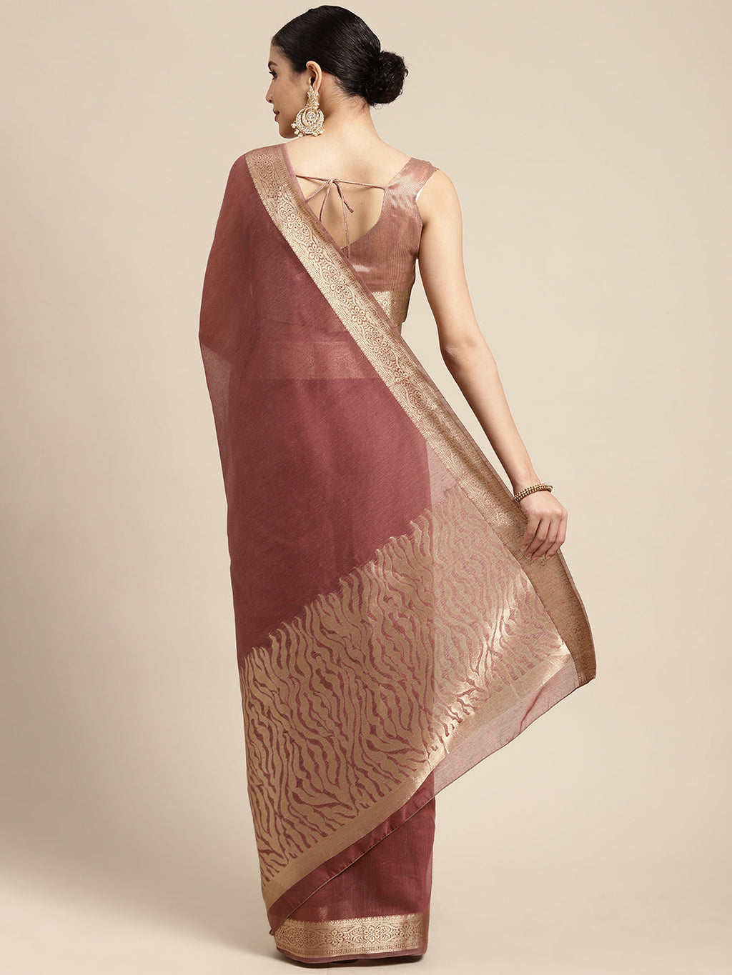 Saree Mall Mauve & Gold Solid Linen Blend Taant Saree