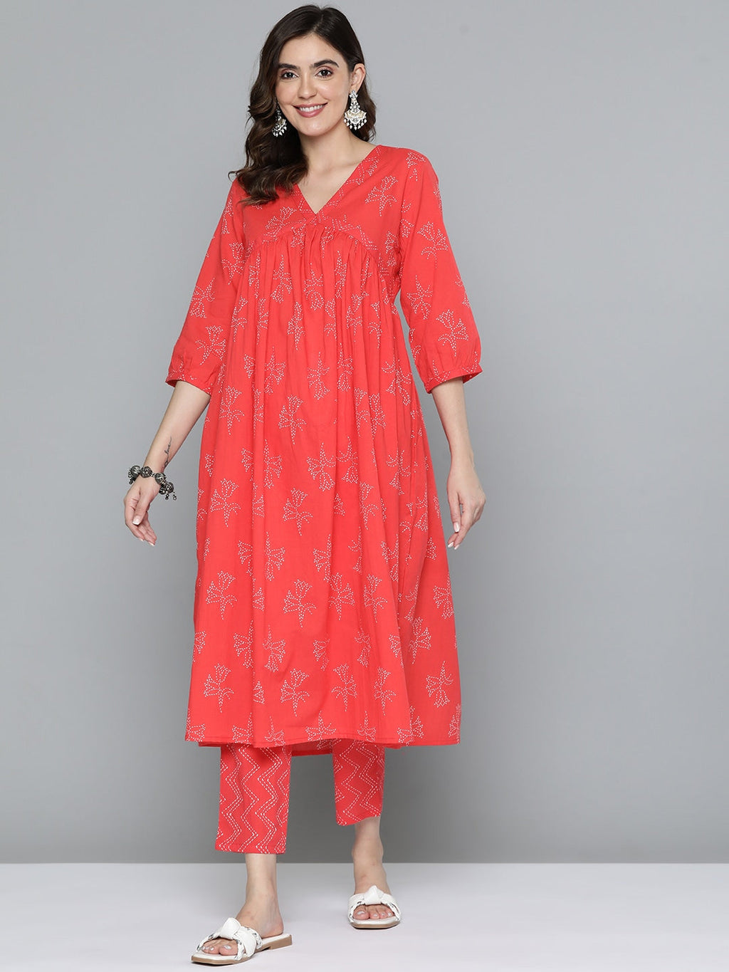 HERE&NOW Floral Print Cotton Empire Kurta with Trousers
