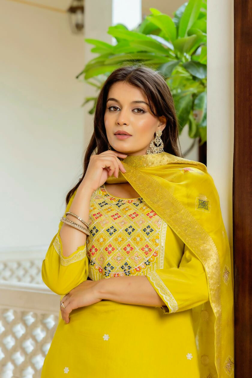 The52 Yellow Women's Beautiful Embroidered Viscose Shimmer Fabric with Straight Kurta, Pant and Dupatta Set