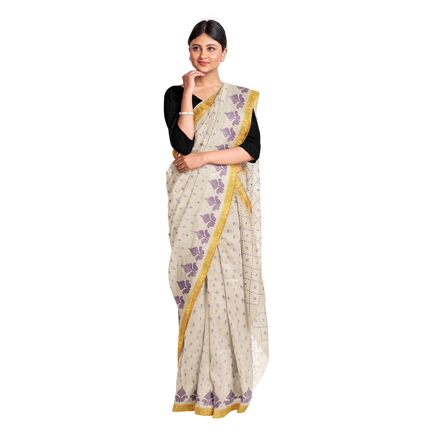 Exclusive Collection 100% Pure Cotton Off White Violet Saree With Printed Work