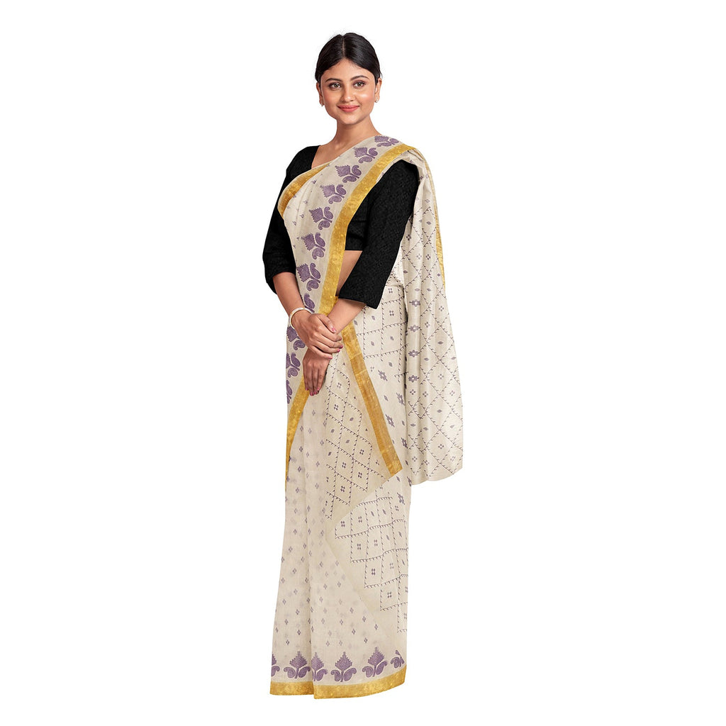 Exclusive Collection 100% Pure Cotton Off White Violet Saree With Printed Work