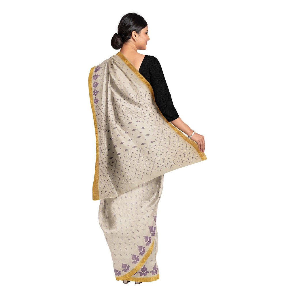 Exclusive Collection 100% Pure Cotton Off White Violet Saree With Printed Work