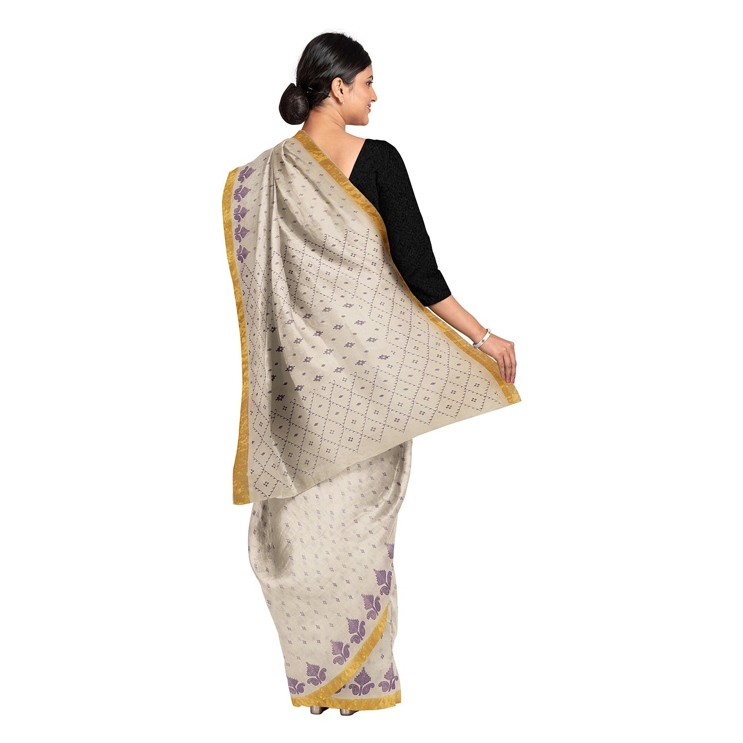 Exclusive Collection 100% Pure Cotton Off White Violet Saree With Printed Work