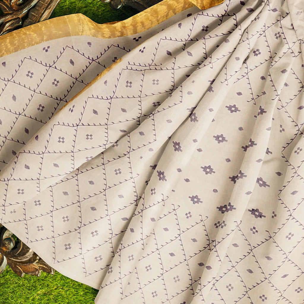 Exclusive Collection 100% Pure Cotton Off White Violet Saree With Printed Work