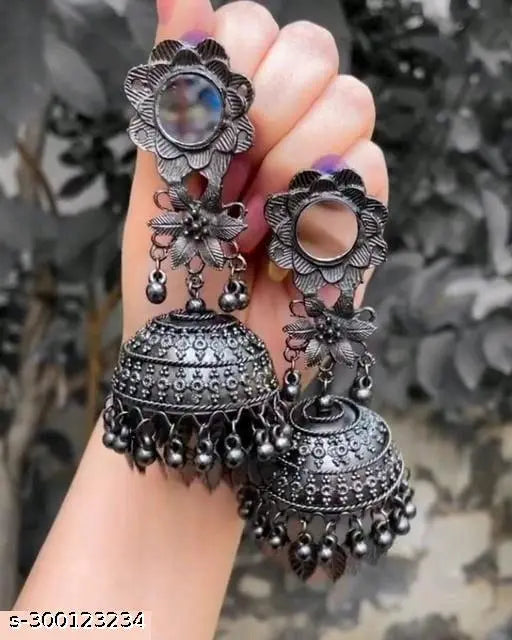 Tehzeeb Creations Women's Black Colour Oxidised Earrings With Mirror And Jhumki Style