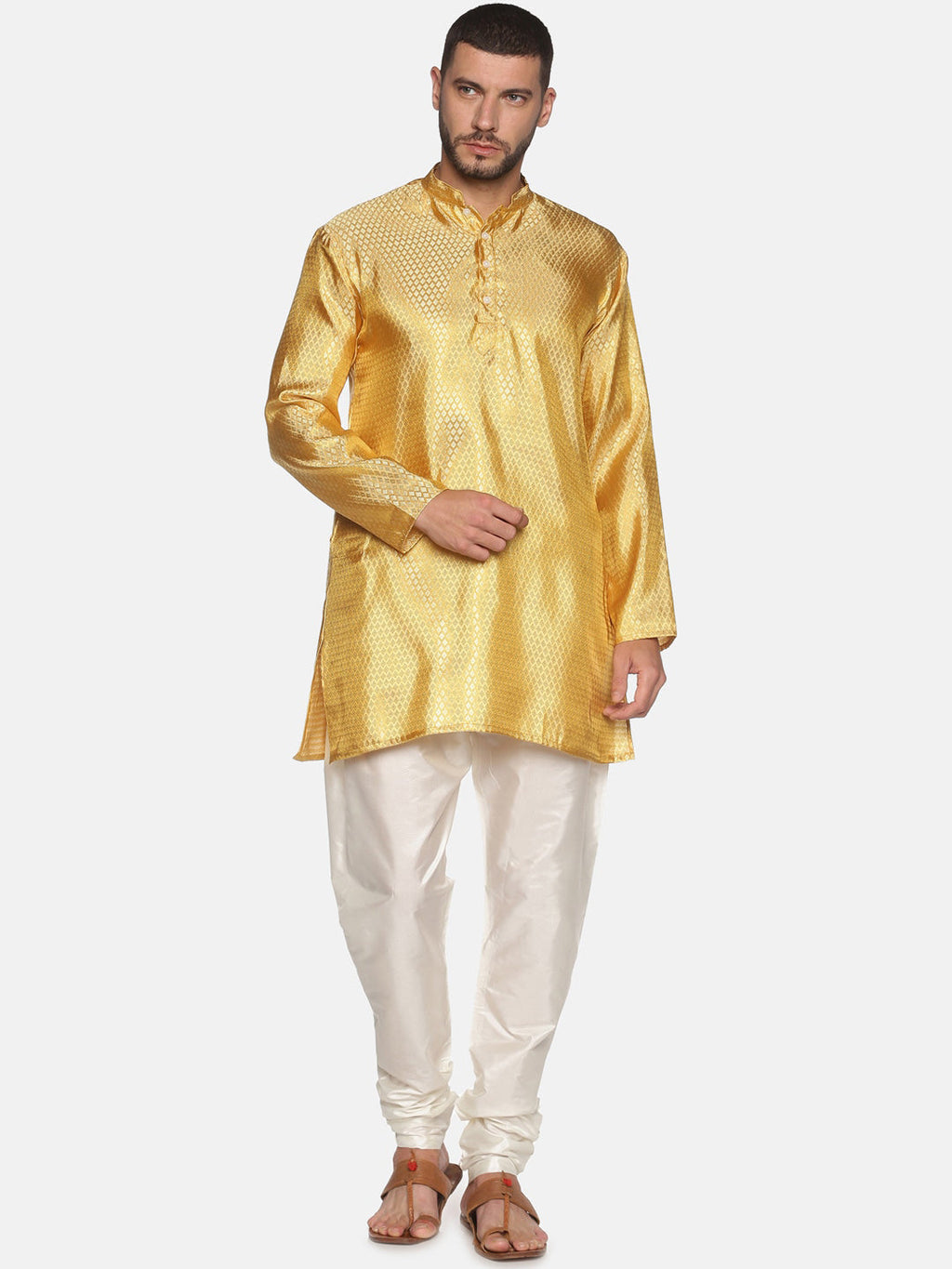 Sethukrishna Men Gold-Toned & White Kurta with Churidar