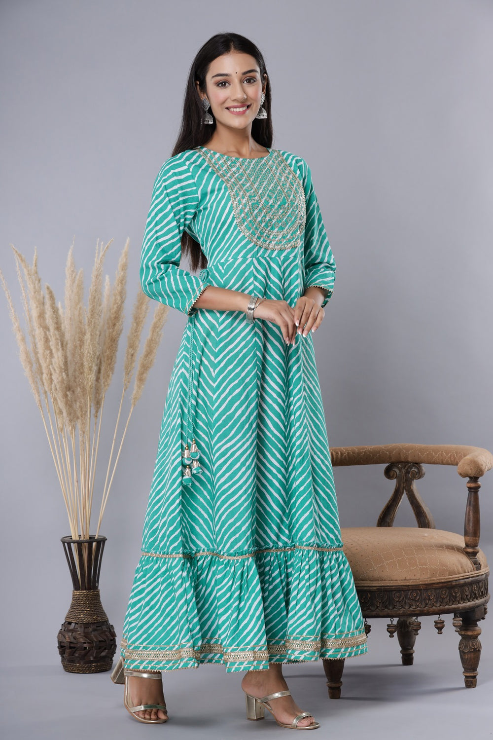 Juniper Women's Green Printed Embroidered Mirror Work Sequin Cotton Flared Dress