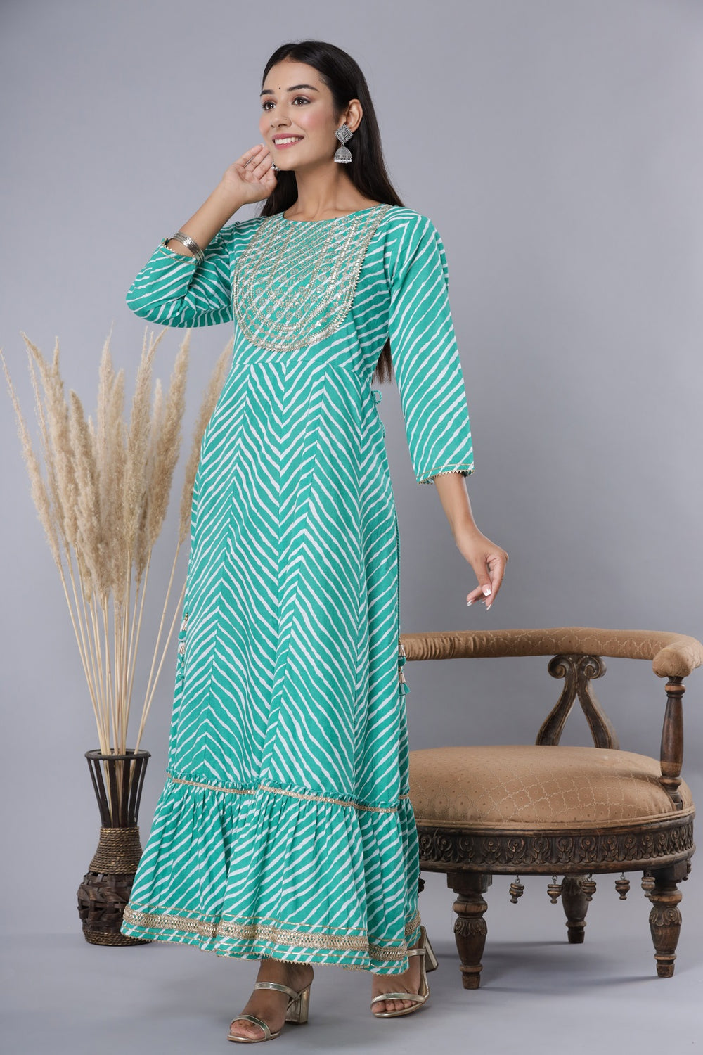 Juniper Women's Green Printed Embroidered Mirror Work Sequin Cotton Flared Dress