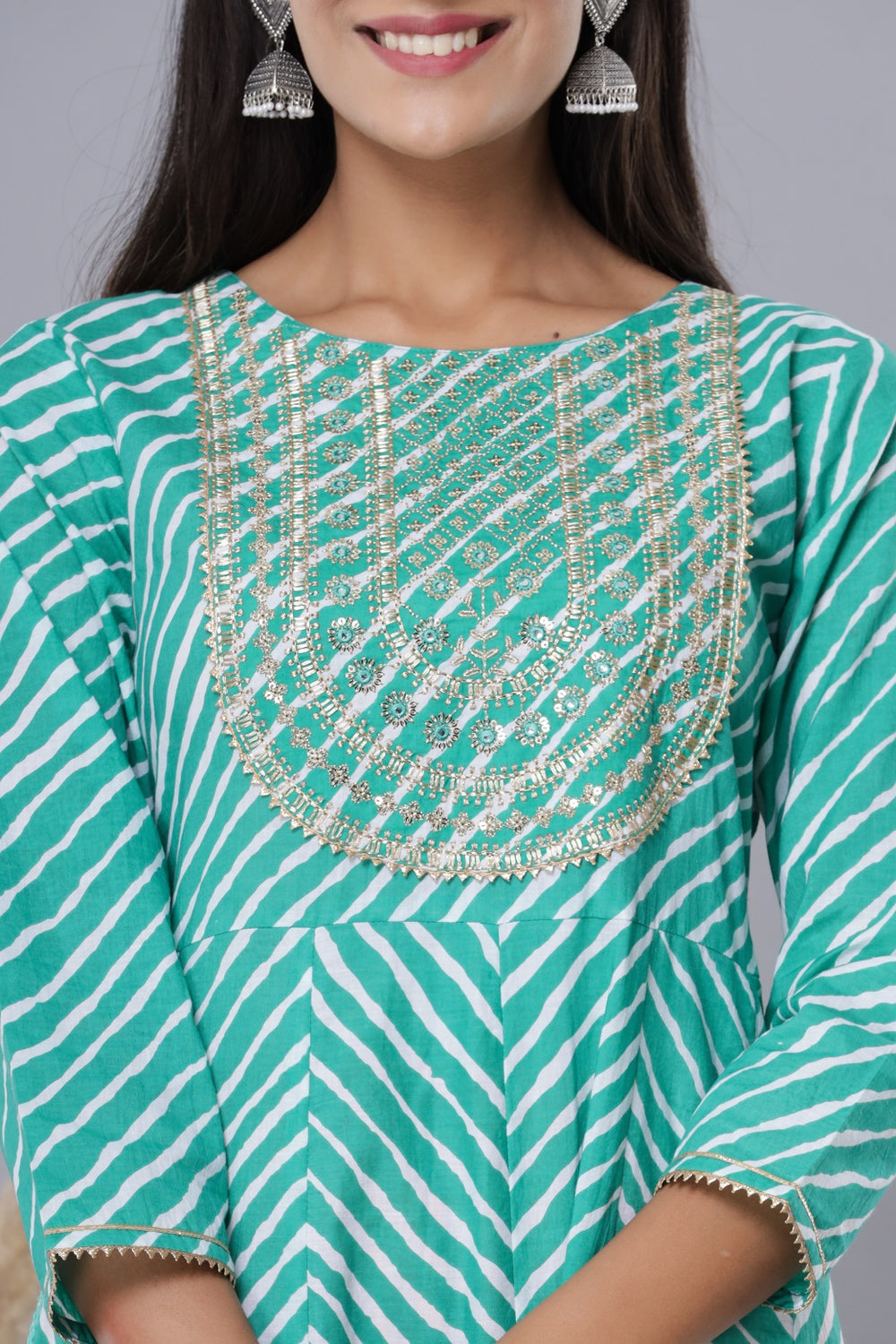 Juniper Women's Green Printed Embroidered Mirror Work Sequin Cotton Flared Dress