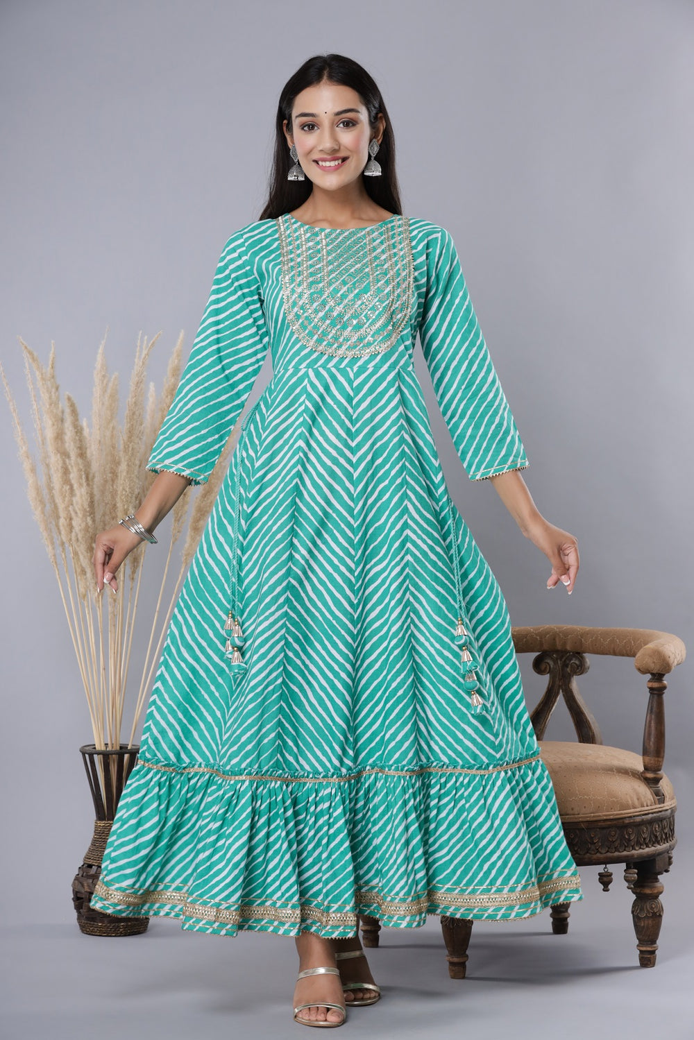 Juniper Women's Green Printed Embroidered Mirror Work Sequin Cotton Flared Dress