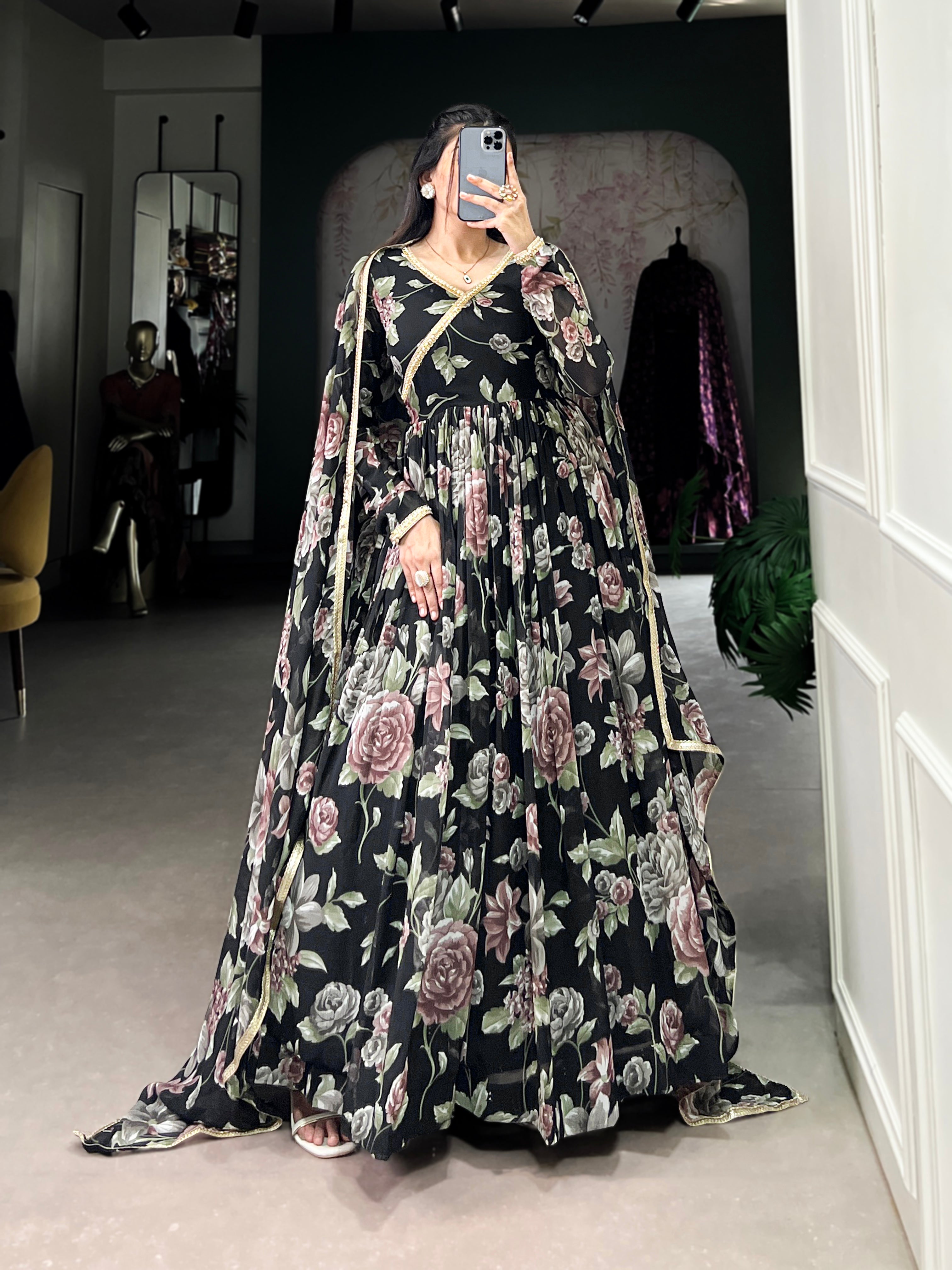 Lorenvalley Black Marbel Fabric Floral Print With Lace Touch Up Gown with Dupatta