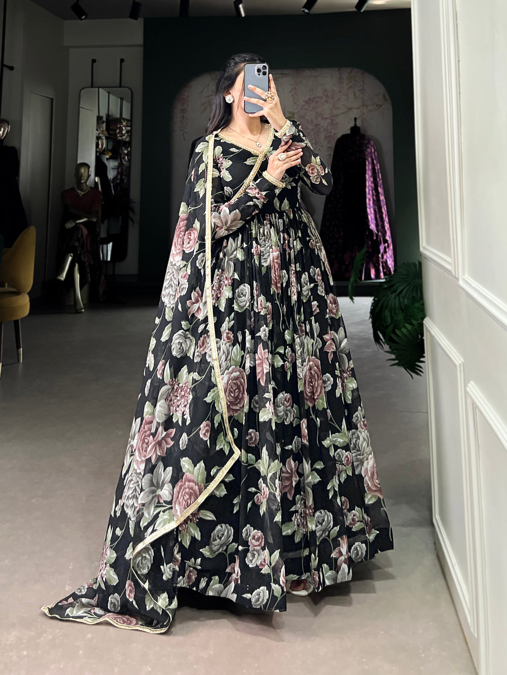 Lorenvalley Black Marbel Fabric Floral Print With Lace Touch Up Gown with Dupatta