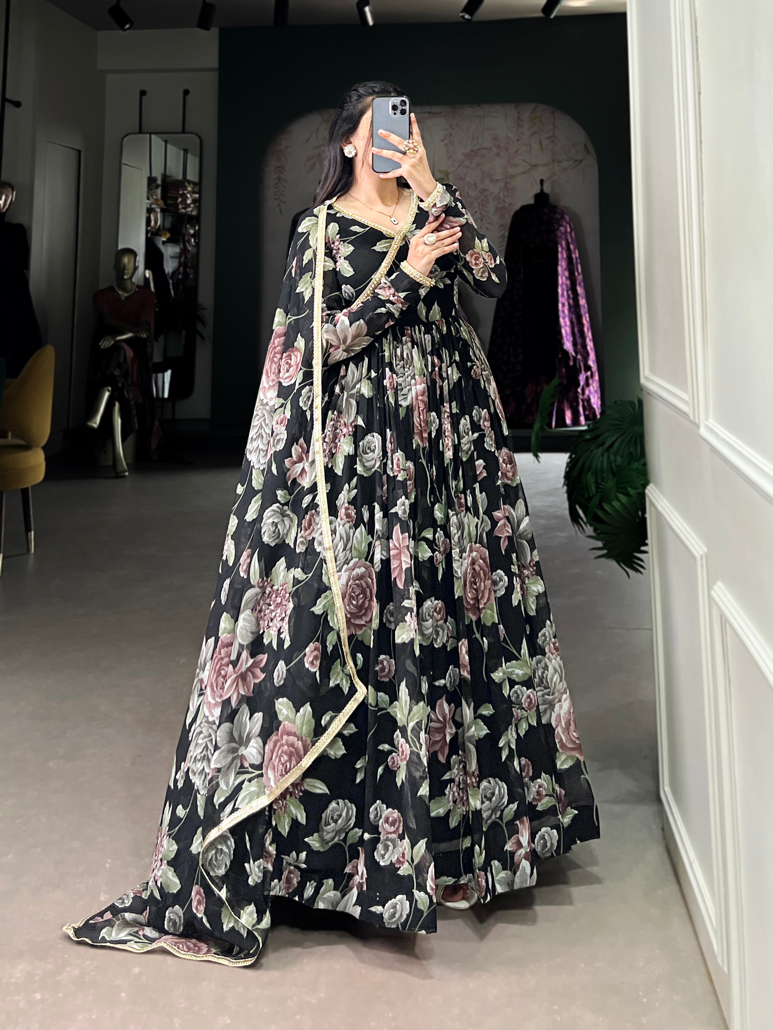 Lorenvalley Black Marbel Fabric Floral Print With Lace Touch Up Gown with Dupatta