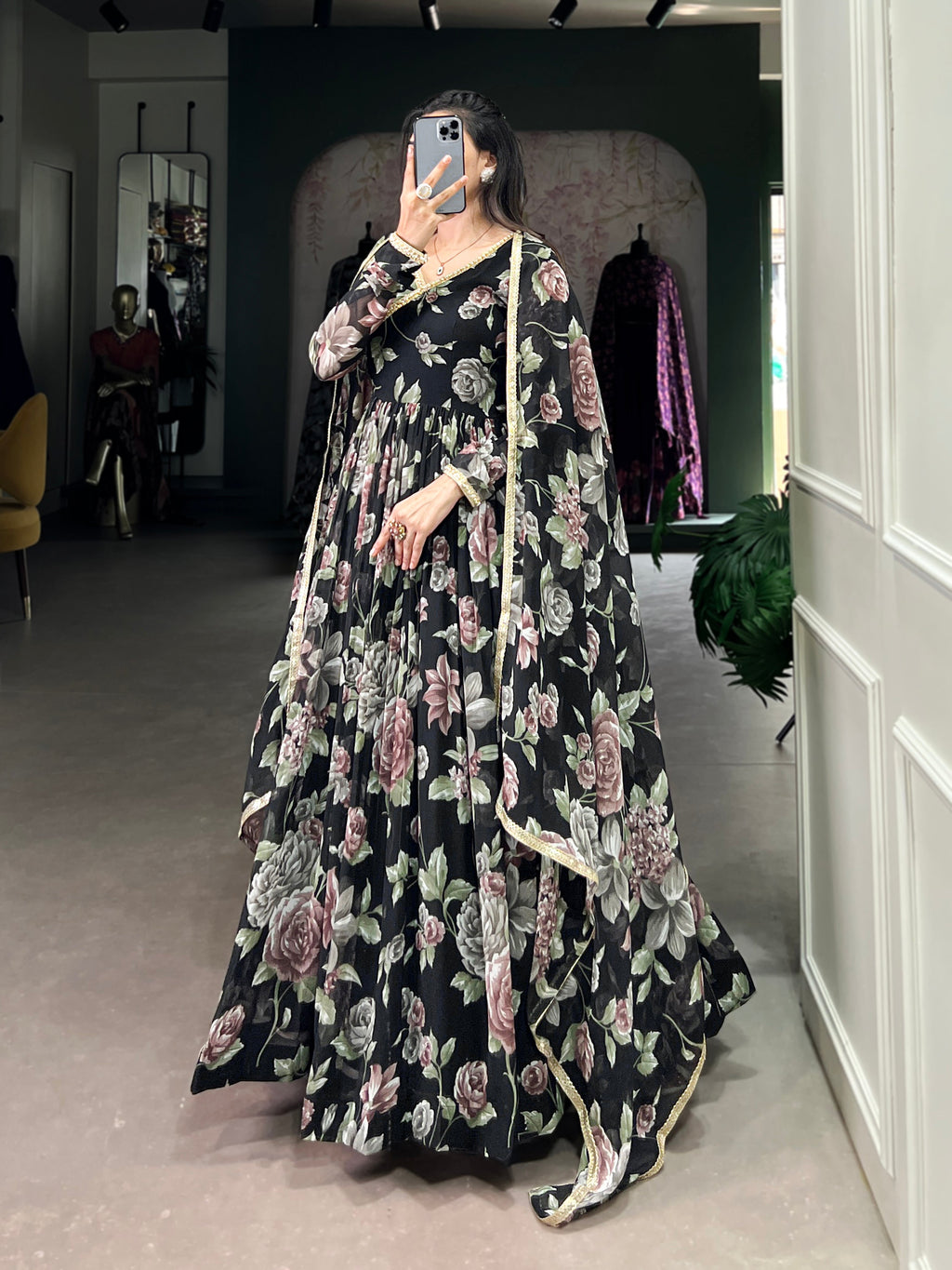 Lorenvalley Black Marbel Fabric Floral Print With Lace Touch Up Gown with Dupatta