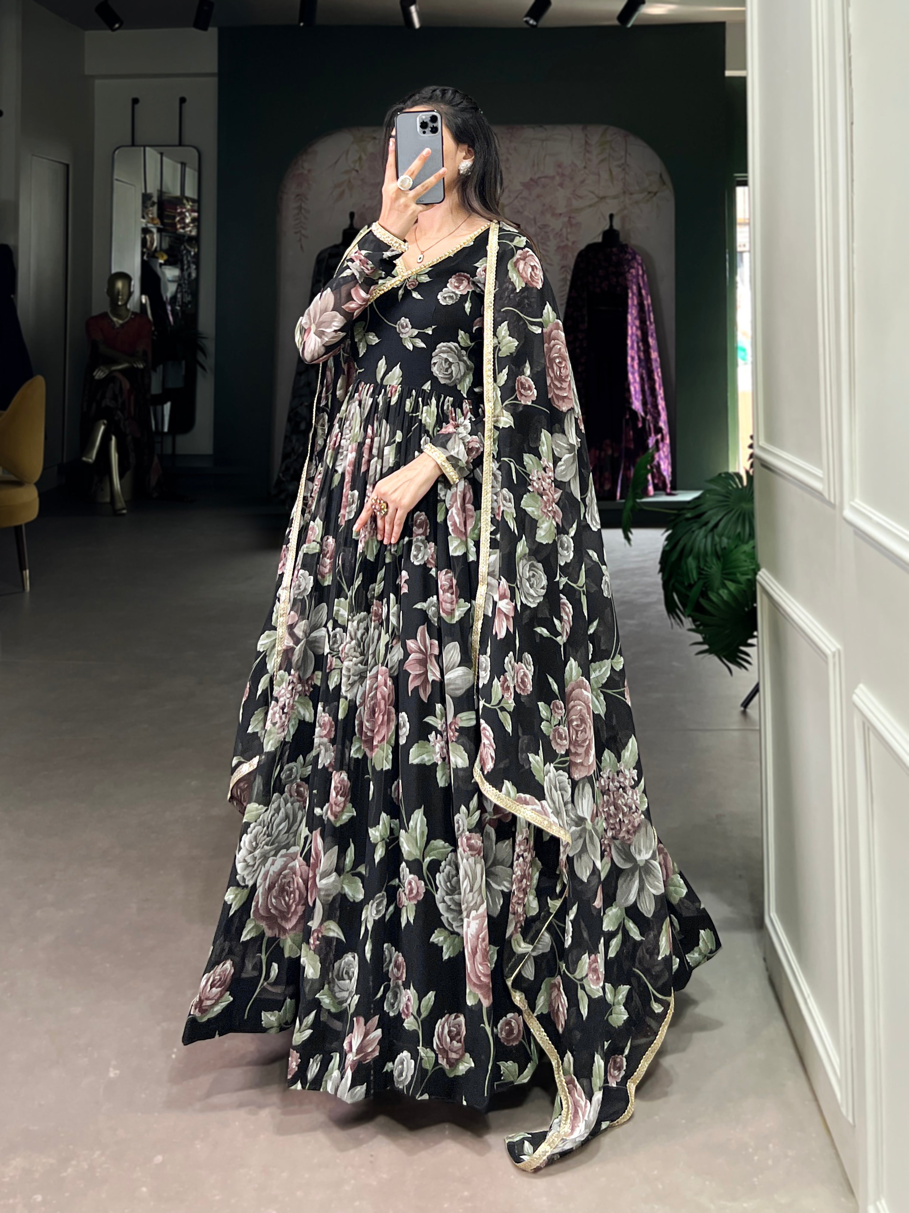 Lorenvalley Black Marbel Fabric Floral Print With Lace Touch Up Gown with Dupatta