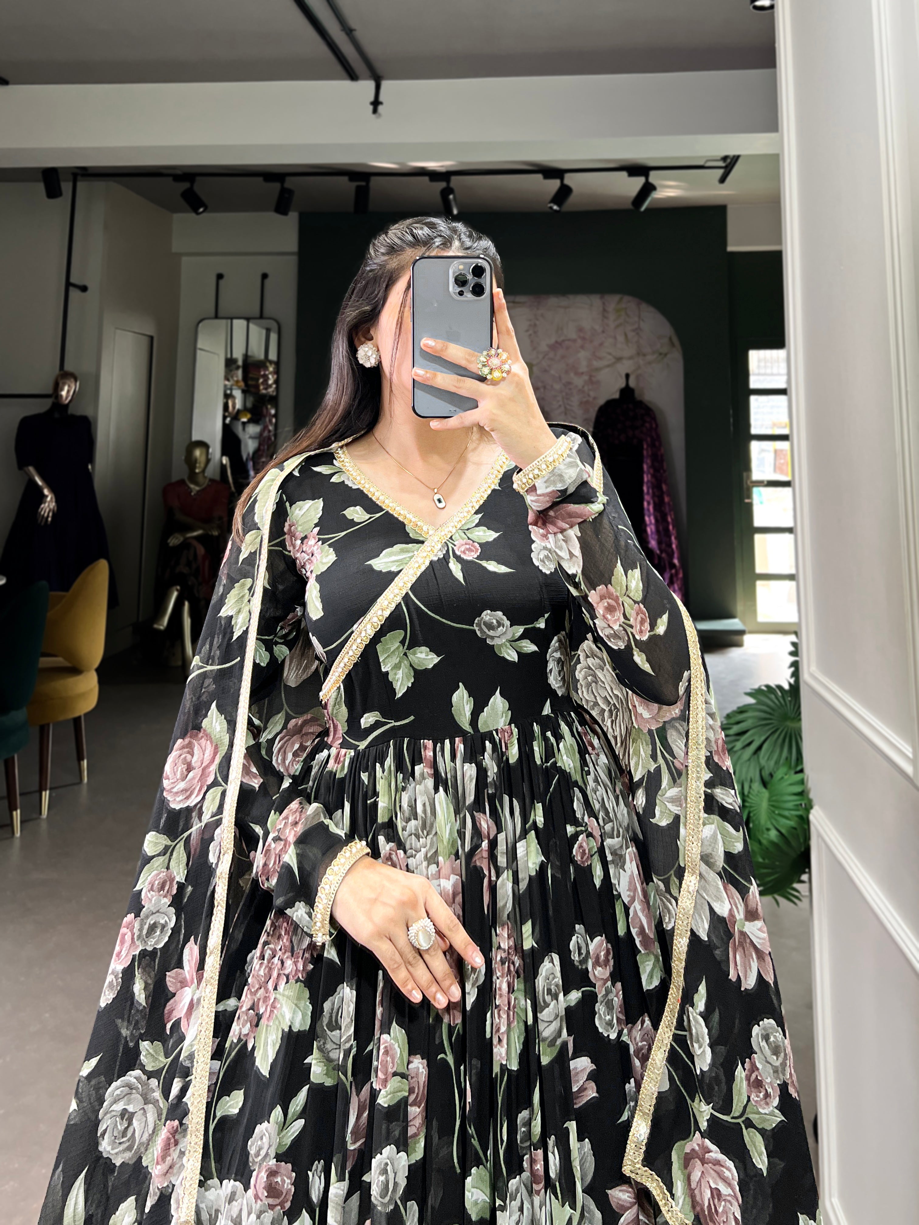 Lorenvalley Black Marbel Fabric Floral Print With Lace Touch Up Gown with Dupatta