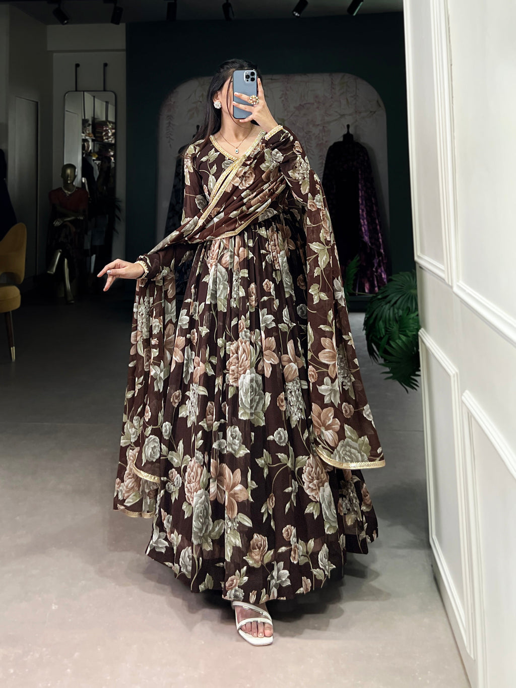 Lorenvalley Brown Marbel Fabric Floral Print With Lace Touch Up Gown with Dupatta