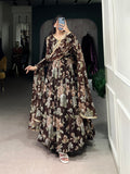 Lorenvalley Brown Marbel Fabric Floral Print With Lace Touch Up Gown with Dupatta