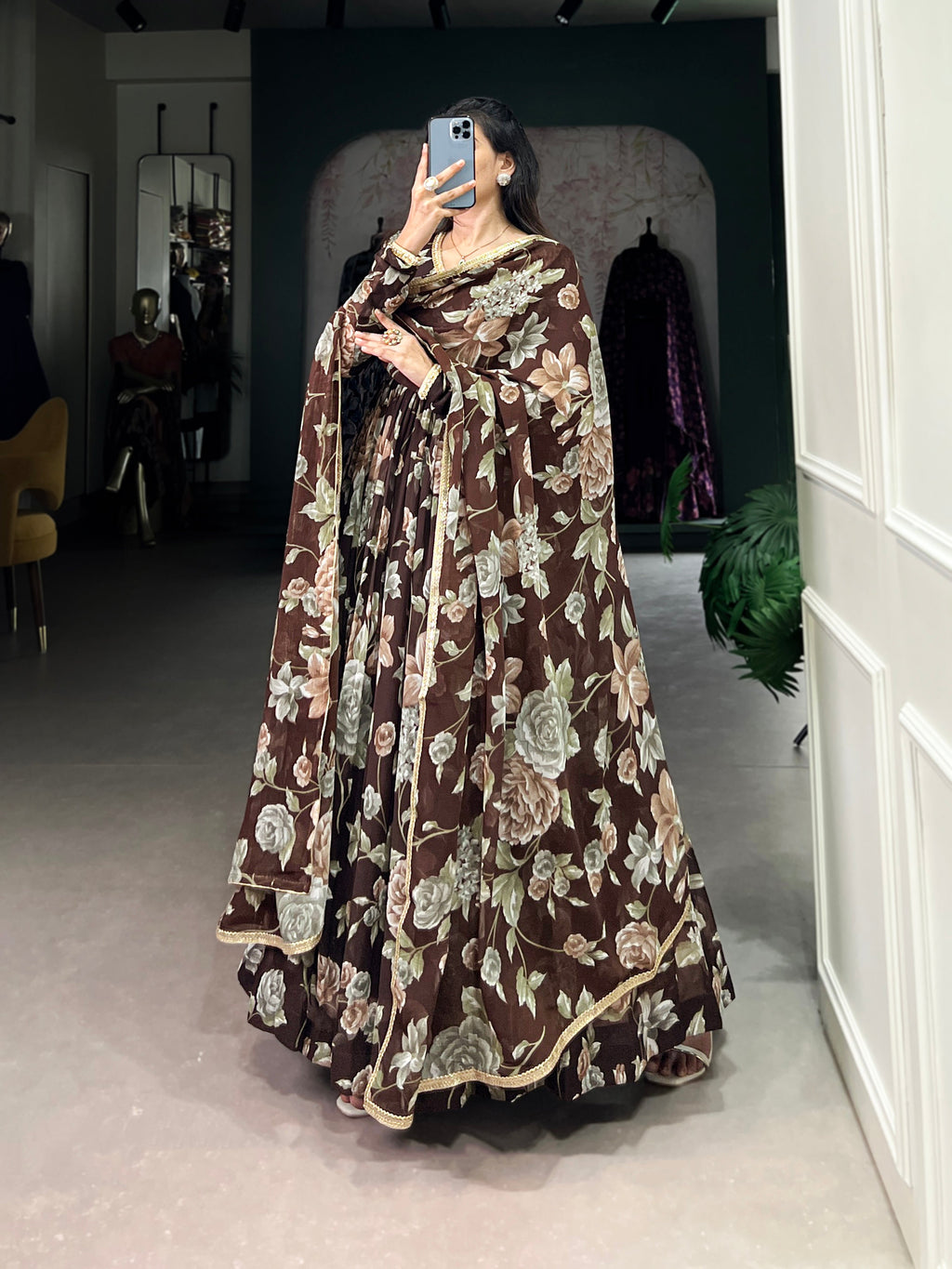 Lorenvalley Brown Marbel Fabric Floral Print With Lace Touch Up Gown with Dupatta
