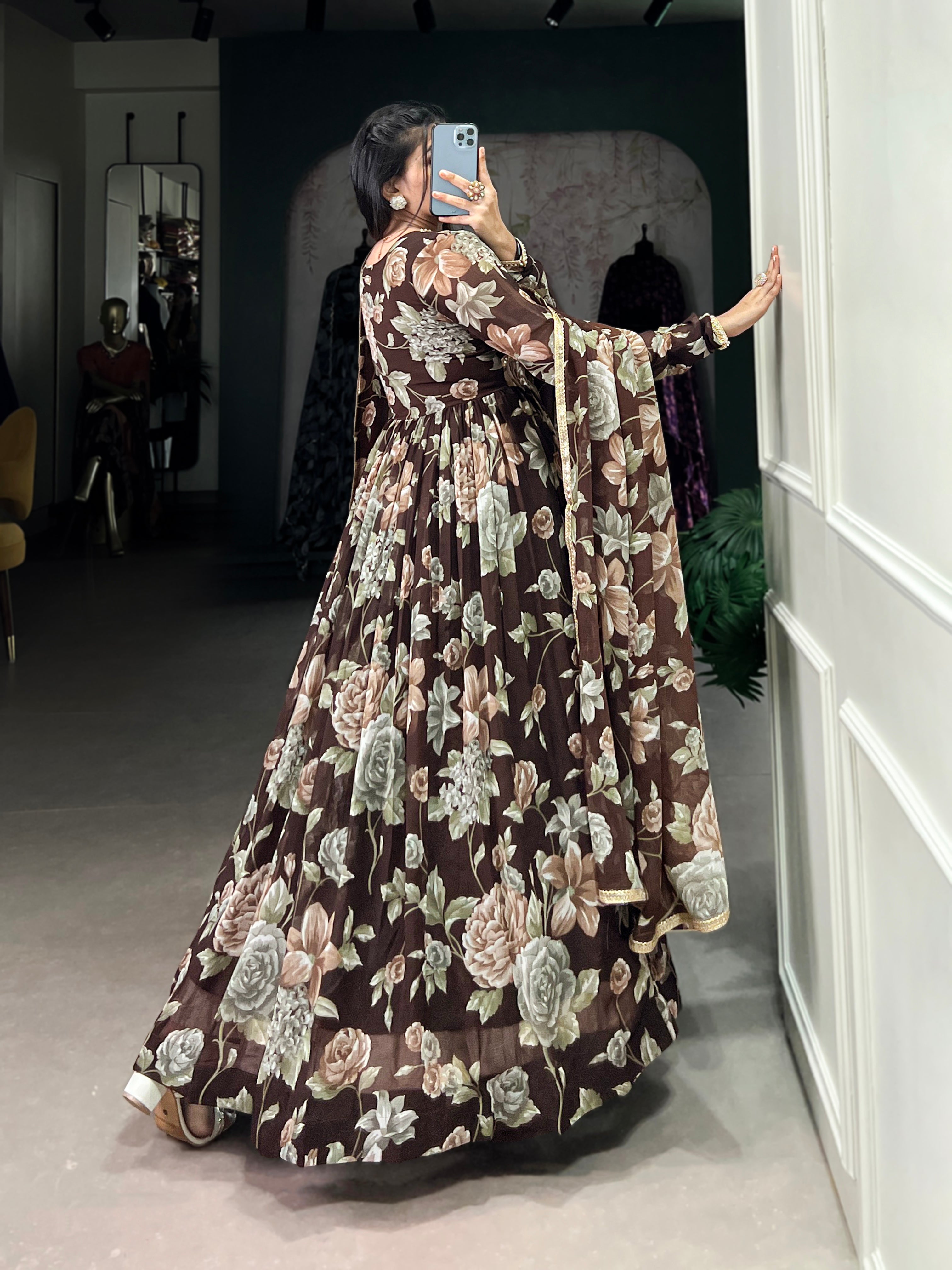 Lorenvalley Brown Marbel Fabric Floral Print With Lace Touch Up Gown with Dupatta