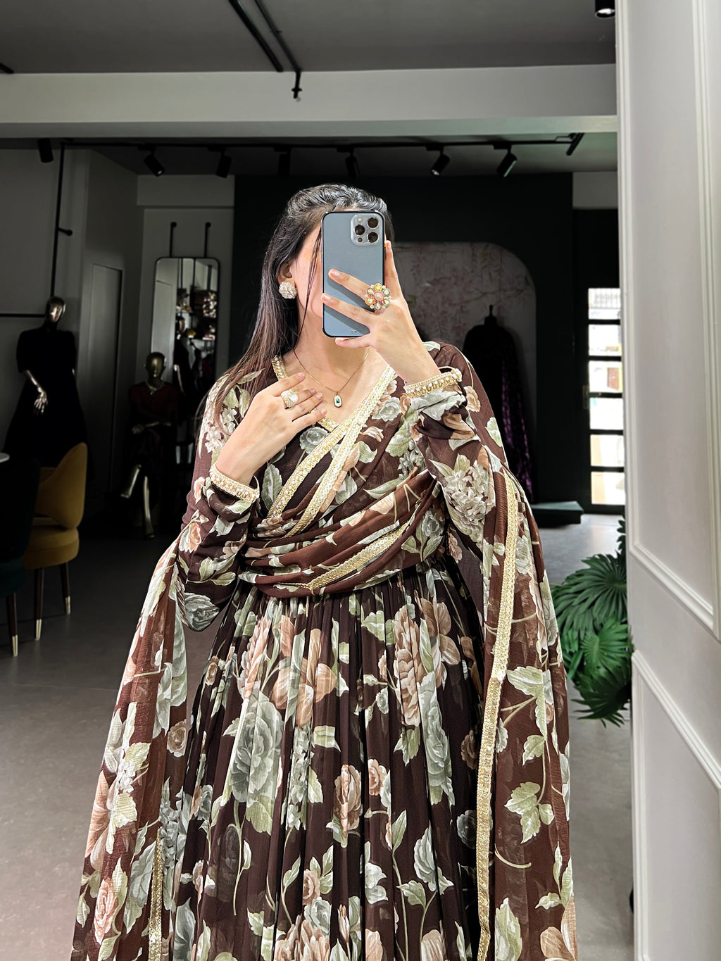 Lorenvalley Brown Marbel Fabric Floral Print With Lace Touch Up Gown with Dupatta