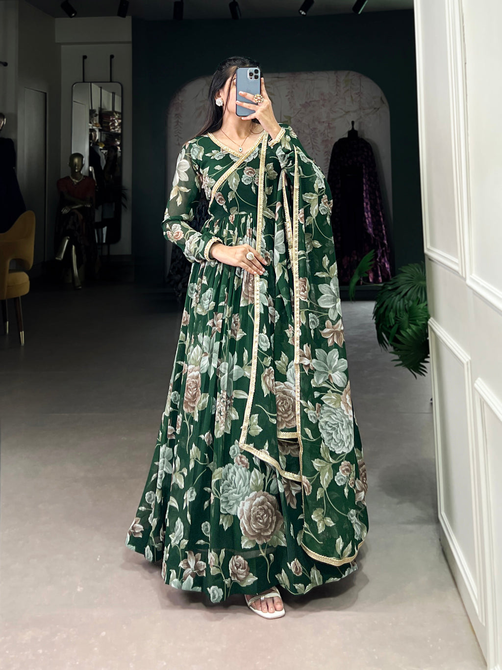 Lorenvalley Green Marbel Fabric Floral Print With Lace Touch Up Gown with Dupatta