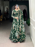 Lorenvalley Green Marbel Fabric Floral Print With Lace Touch Up Gown with Dupatta