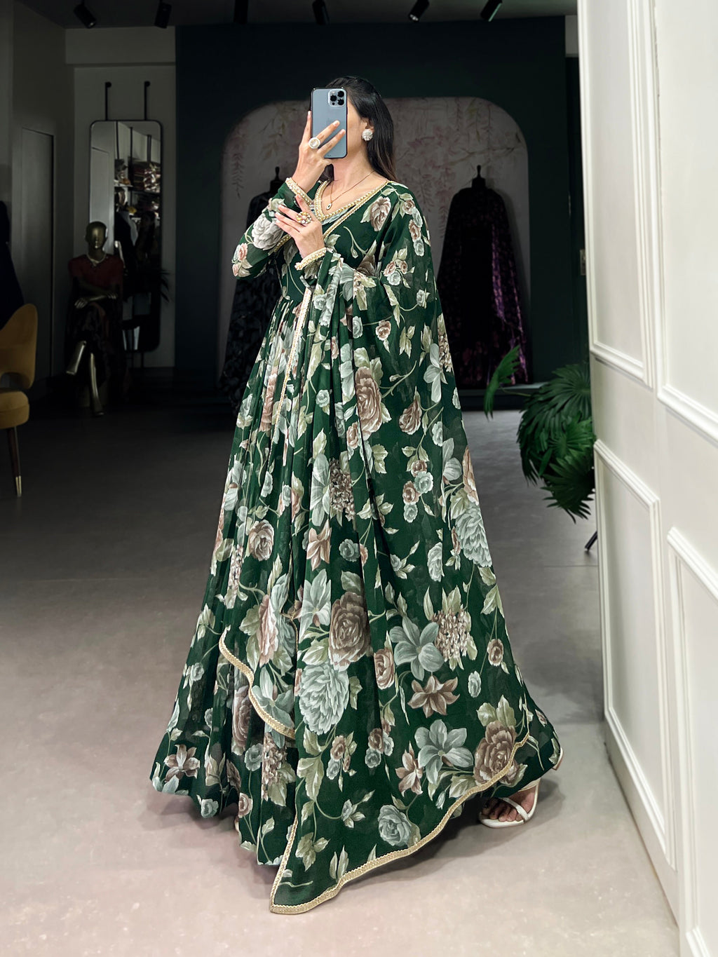 Lorenvalley Green Marbel Fabric Floral Print With Lace Touch Up Gown with Dupatta