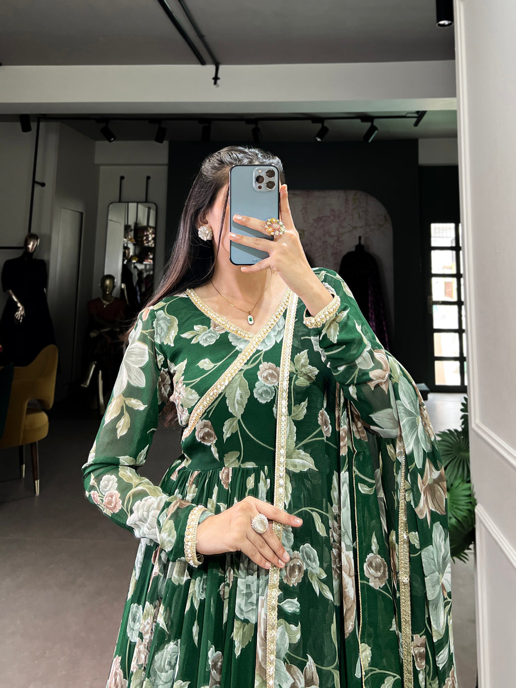Lorenvalley Green Marbel Fabric Floral Print With Lace Touch Up Gown with Dupatta