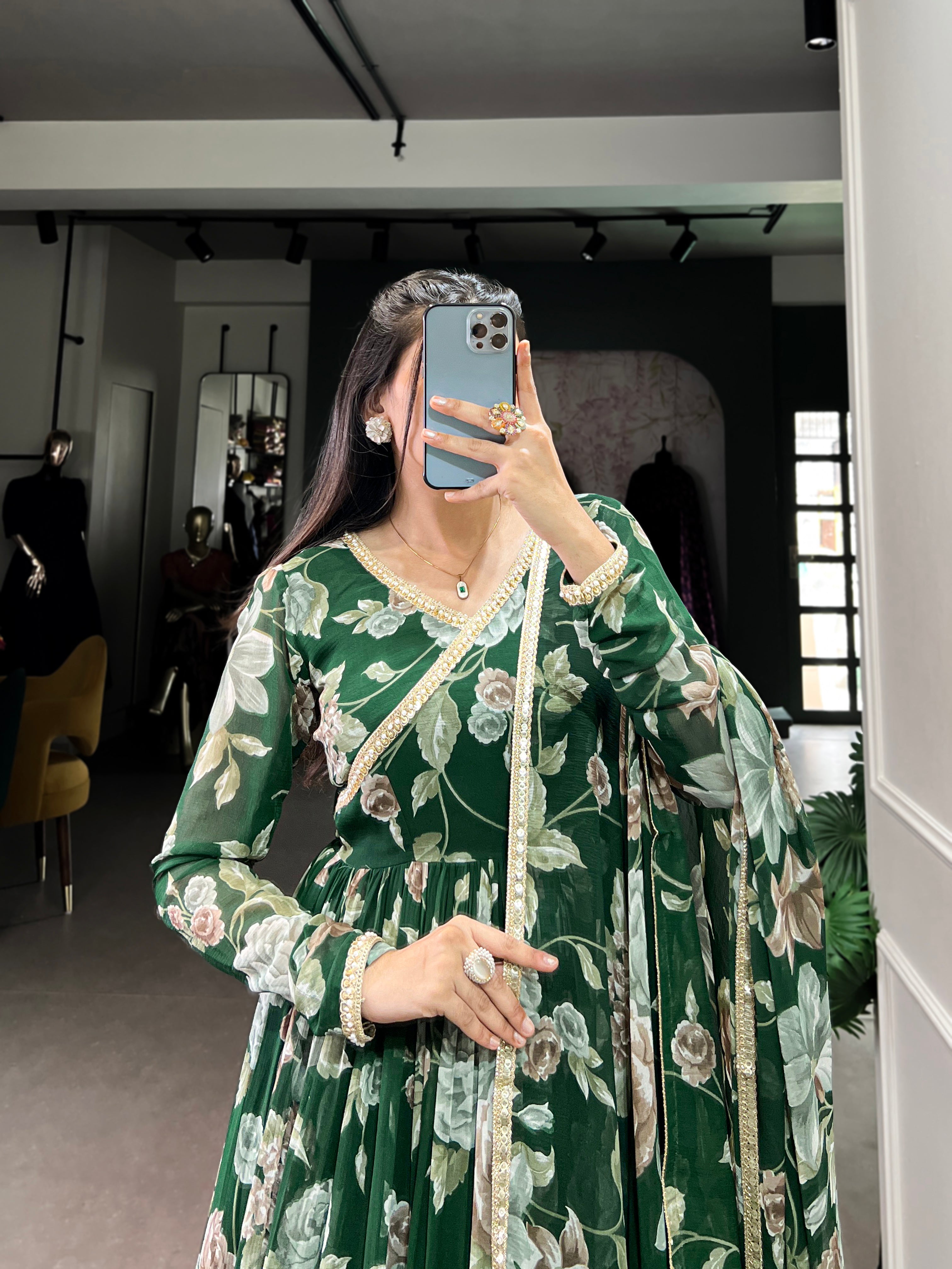 Lorenvalley Green Marbel Fabric Floral Print With Lace Touch Up Gown with Dupatta