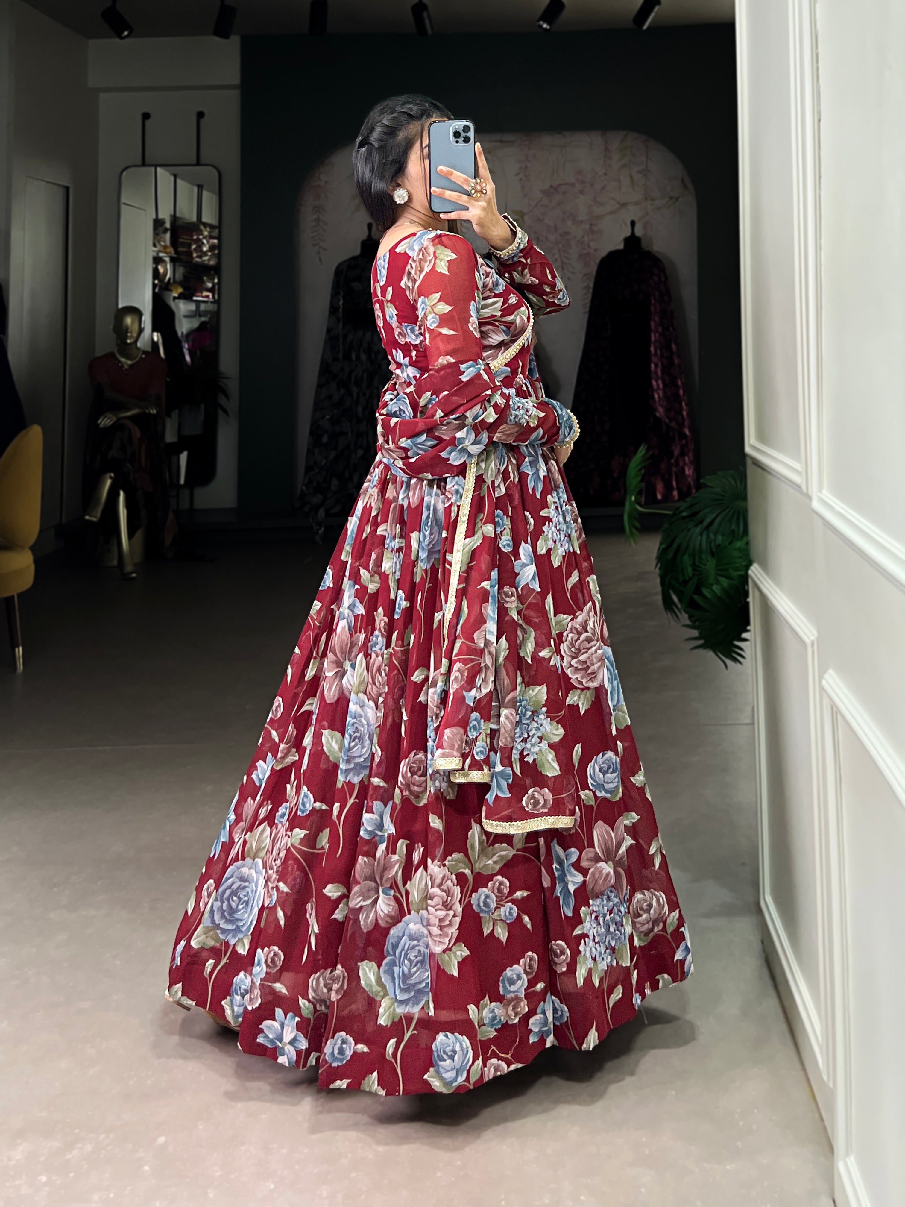 Lorenvalley Maroon Marbel Fabric Floral Print With Lace Touch Up Gown with Dupatta