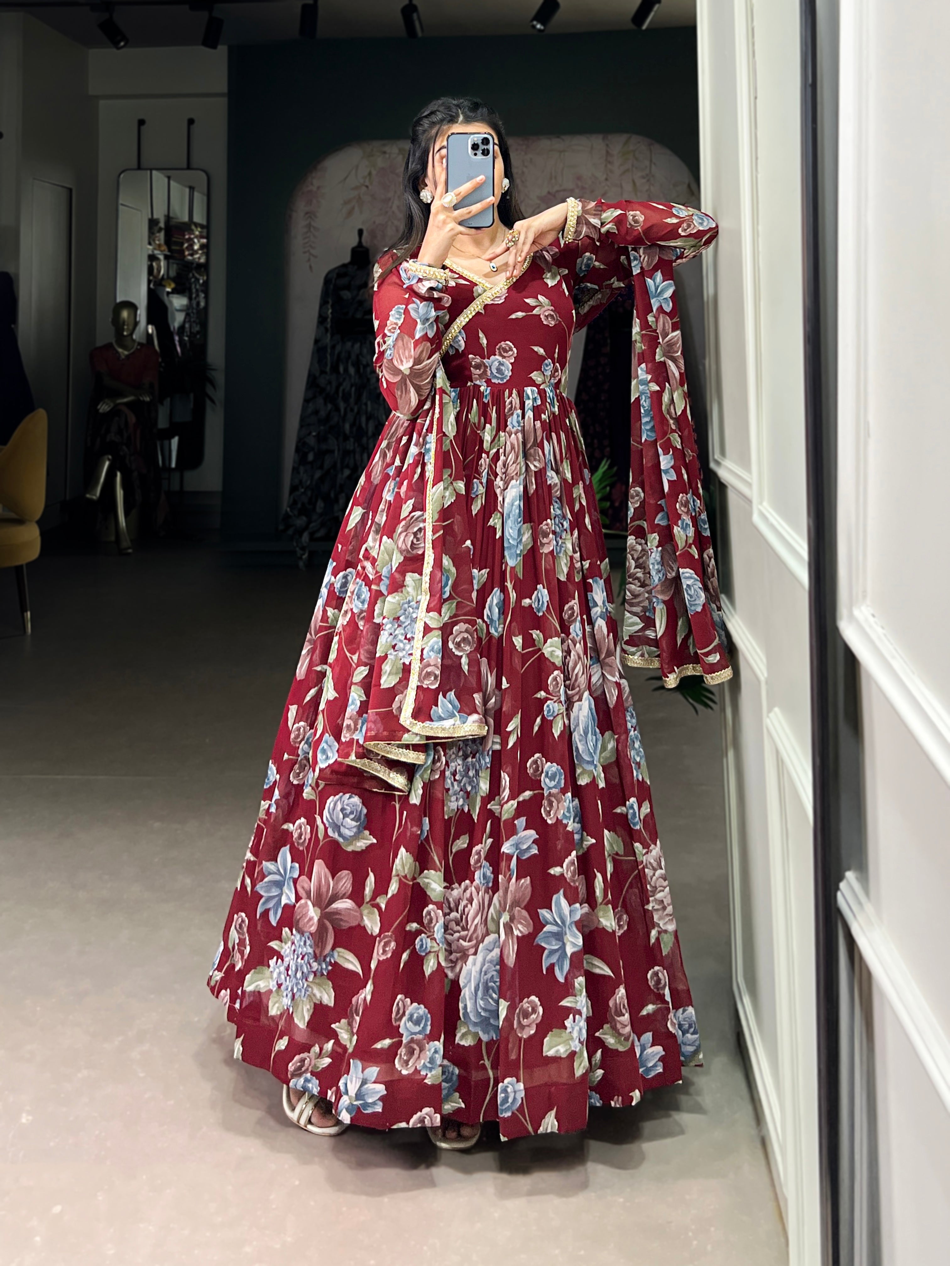 Lorenvalley Maroon Marbel Fabric Floral Print With Lace Touch Up Gown with Dupatta