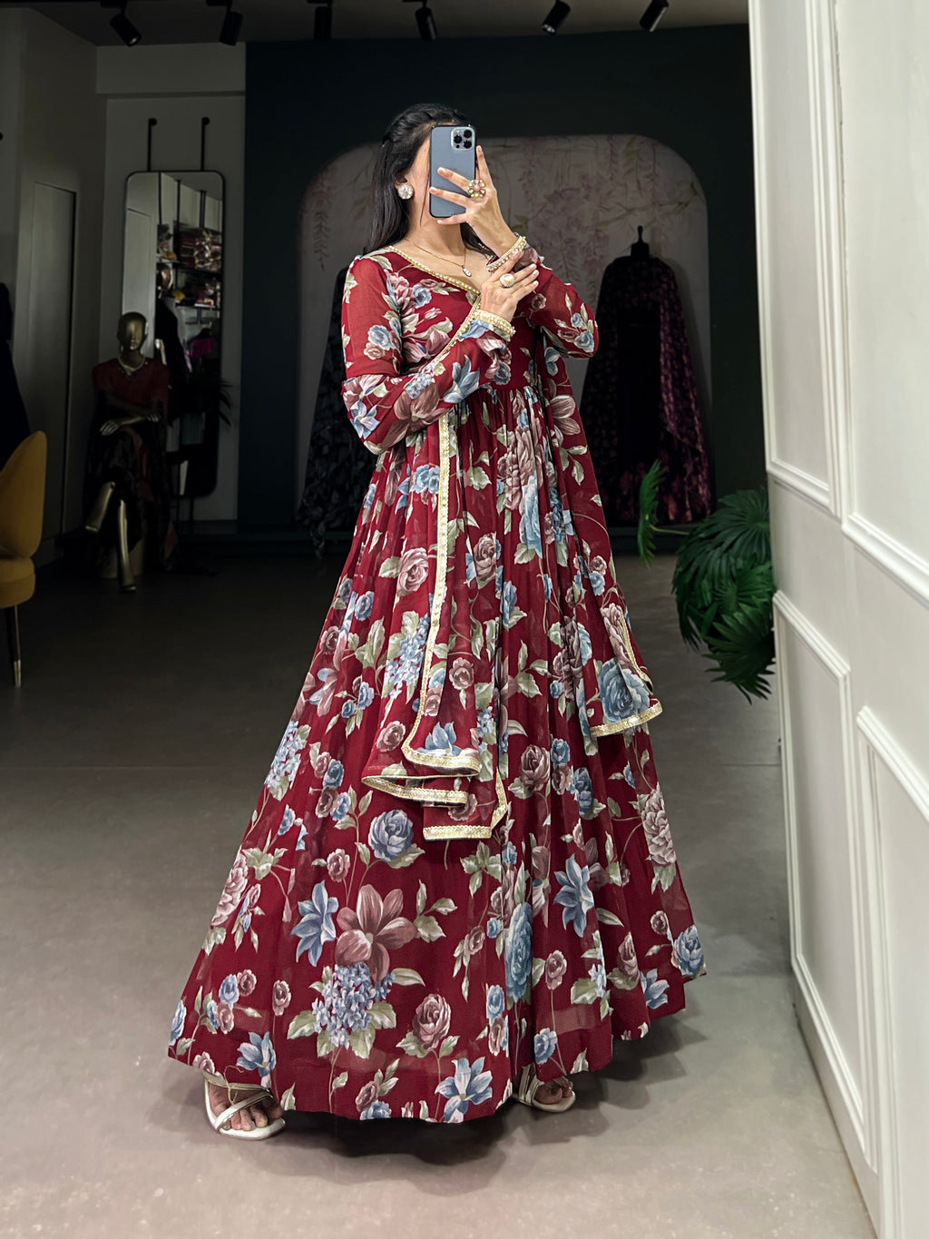 Lorenvalley Maroon Marbel Fabric Floral Print With Lace Touch Up Gown with Dupatta