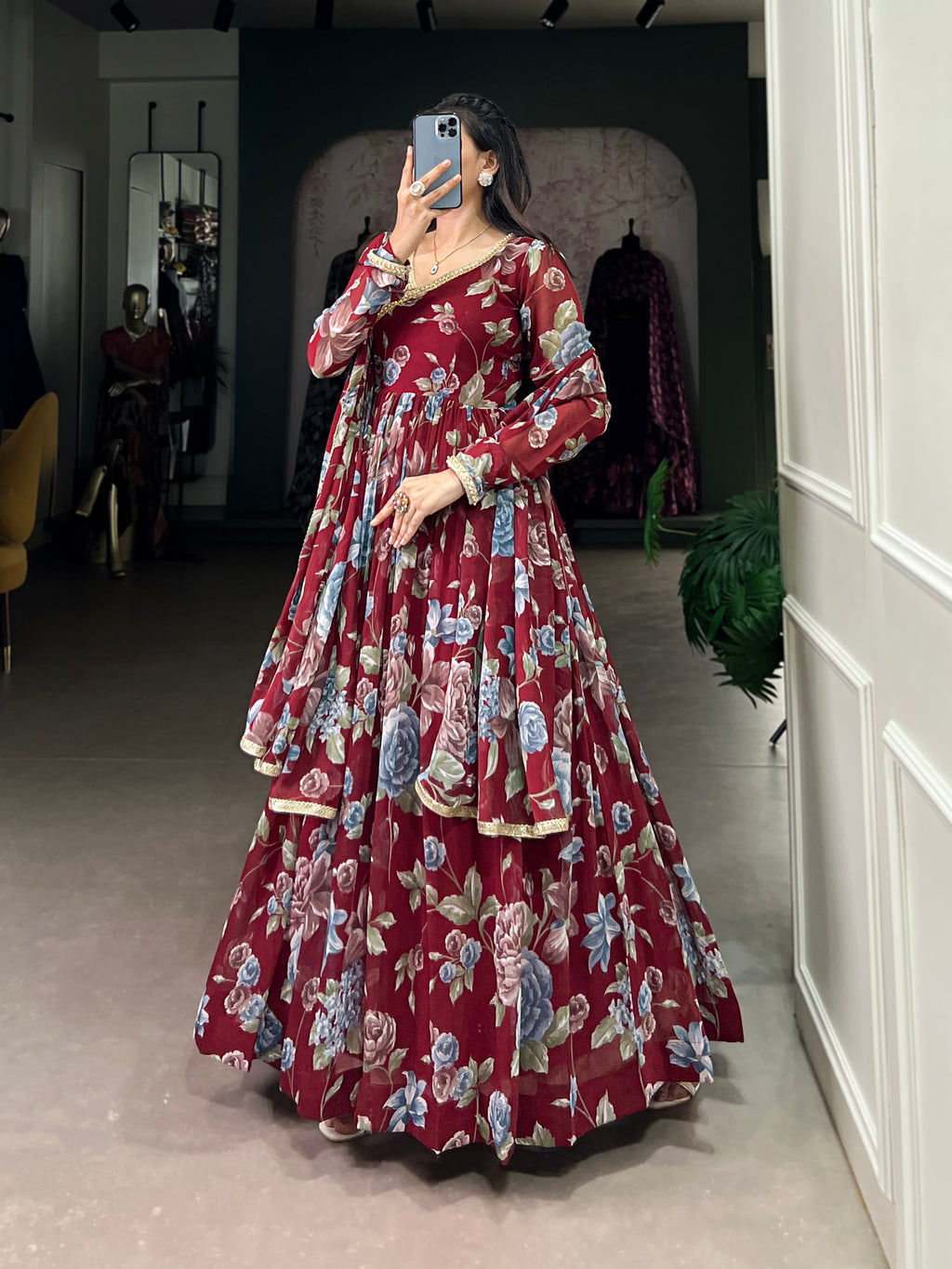 Lorenvalley Maroon Marbel Fabric Floral Print With Lace Touch Up Gown with Dupatta