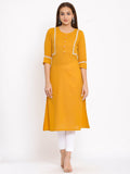 HERE&NOW Mustard Yellow & White Ethnic Motifs Embroidered Straight Kurta