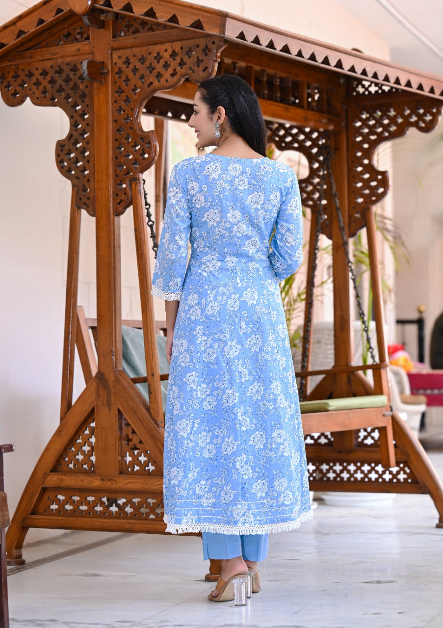 Juniper Women's Sky Blue Cotton Printed Straight Kurta Pant Dupatta Set