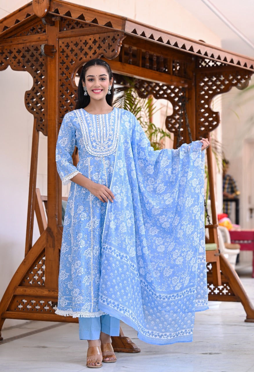 Juniper Women's Sky Blue Cotton Printed Straight Kurta Pant Dupatta Set