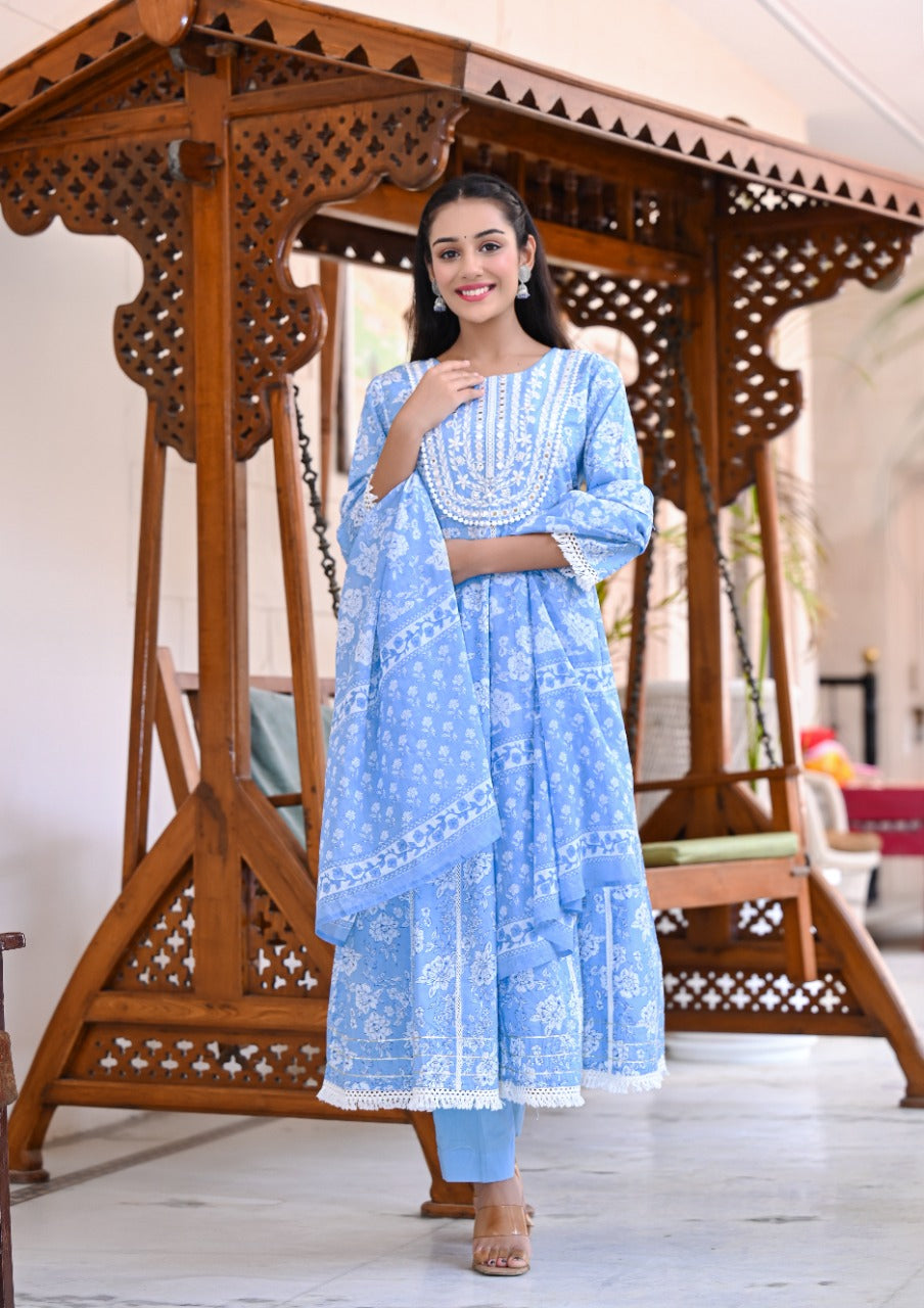 Juniper Women's Sky Blue Cotton Printed Straight Kurta Pant Dupatta Set
