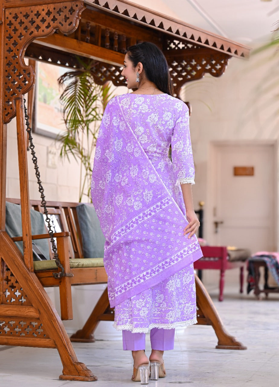 Juniper Women's Purple Cotton Printed Straight Kurta Pant Dupatta Set