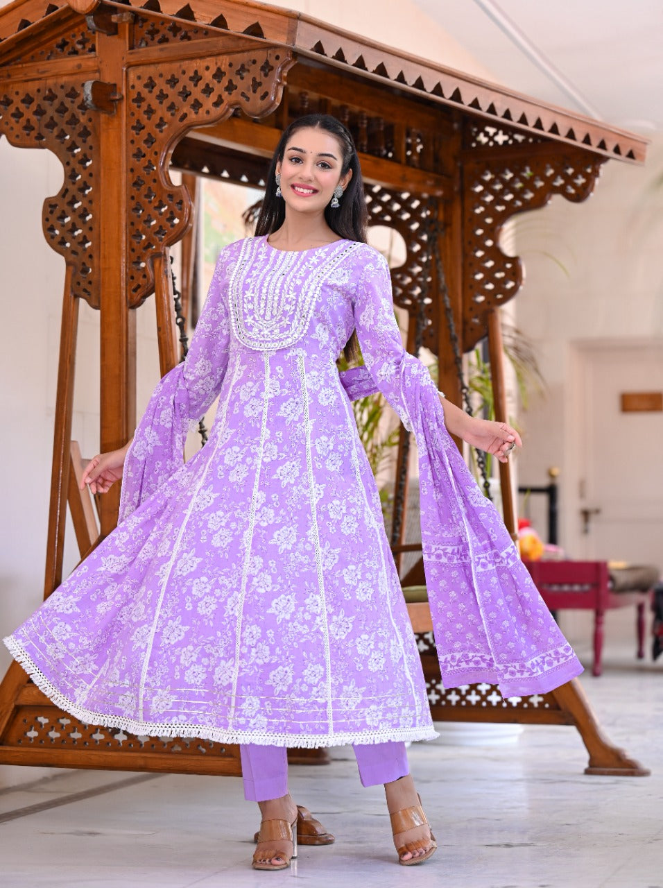 Juniper Women's Purple Cotton Printed Straight Kurta Pant Dupatta Set