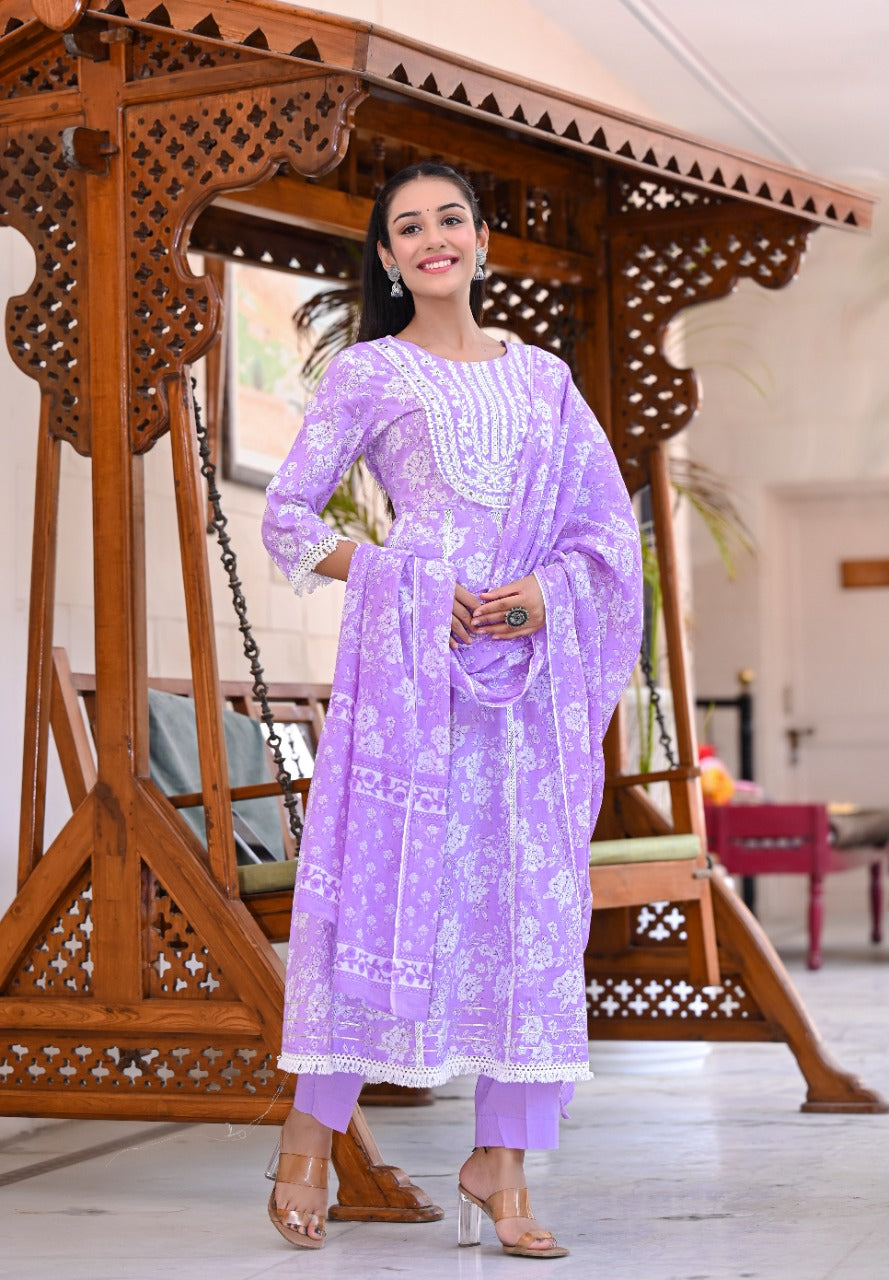 Juniper Women's Purple Cotton Printed Straight Kurta Pant Dupatta Set