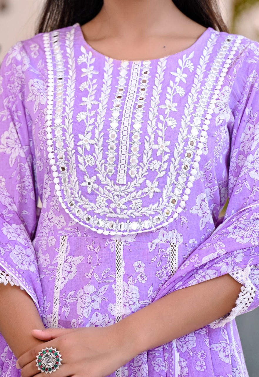 Juniper Women's Purple Cotton Printed Straight Kurta Pant Dupatta Set