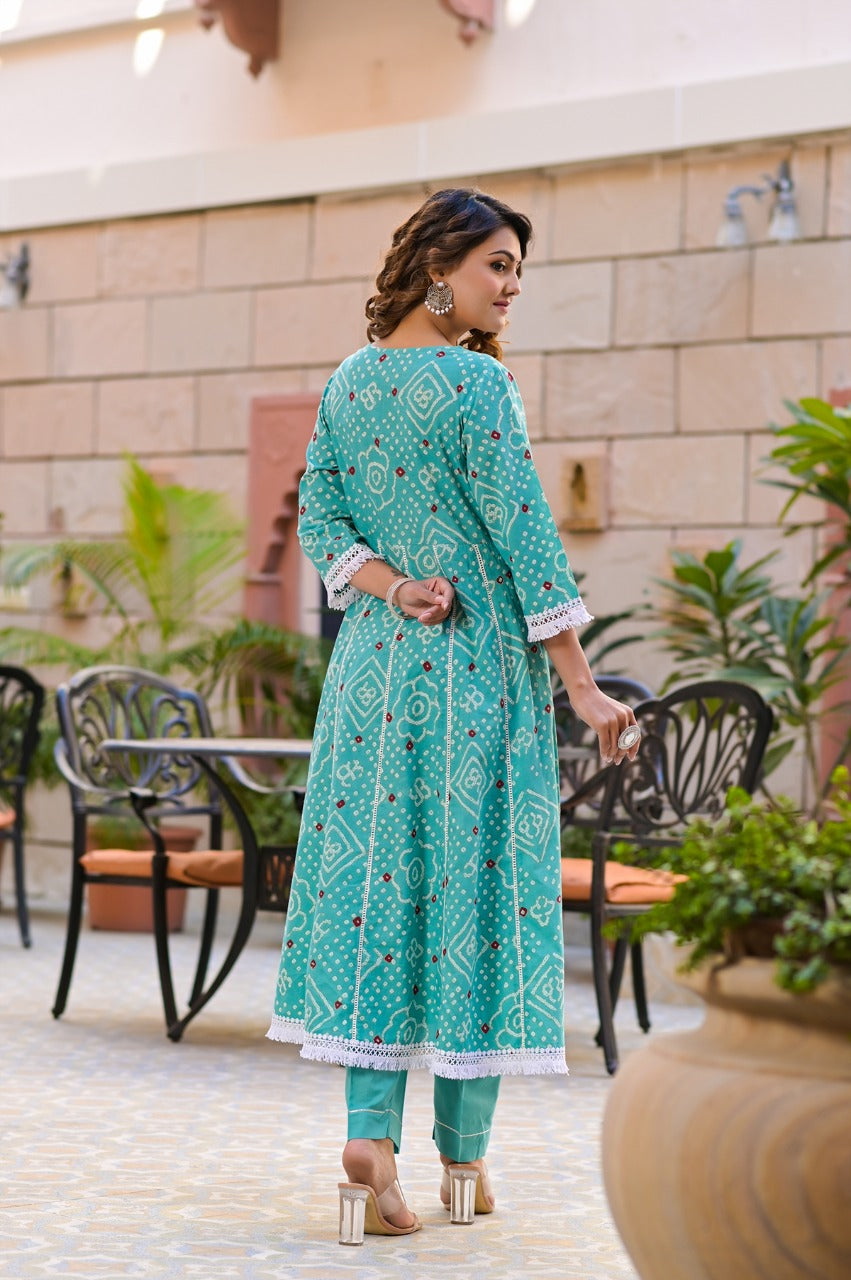 Juniper Women's Teal Cotton Printed Straight Kurta Pant Dupatta Set