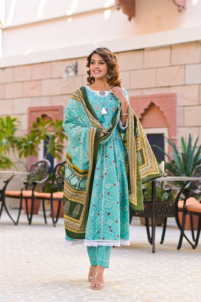 Juniper Women's Teal Cotton Printed Straight Kurta Pant Dupatta Set
