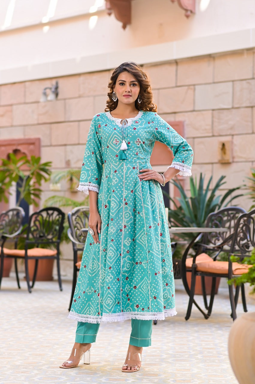 Juniper Women's Teal Cotton Printed Straight Kurta Pant Dupatta Set